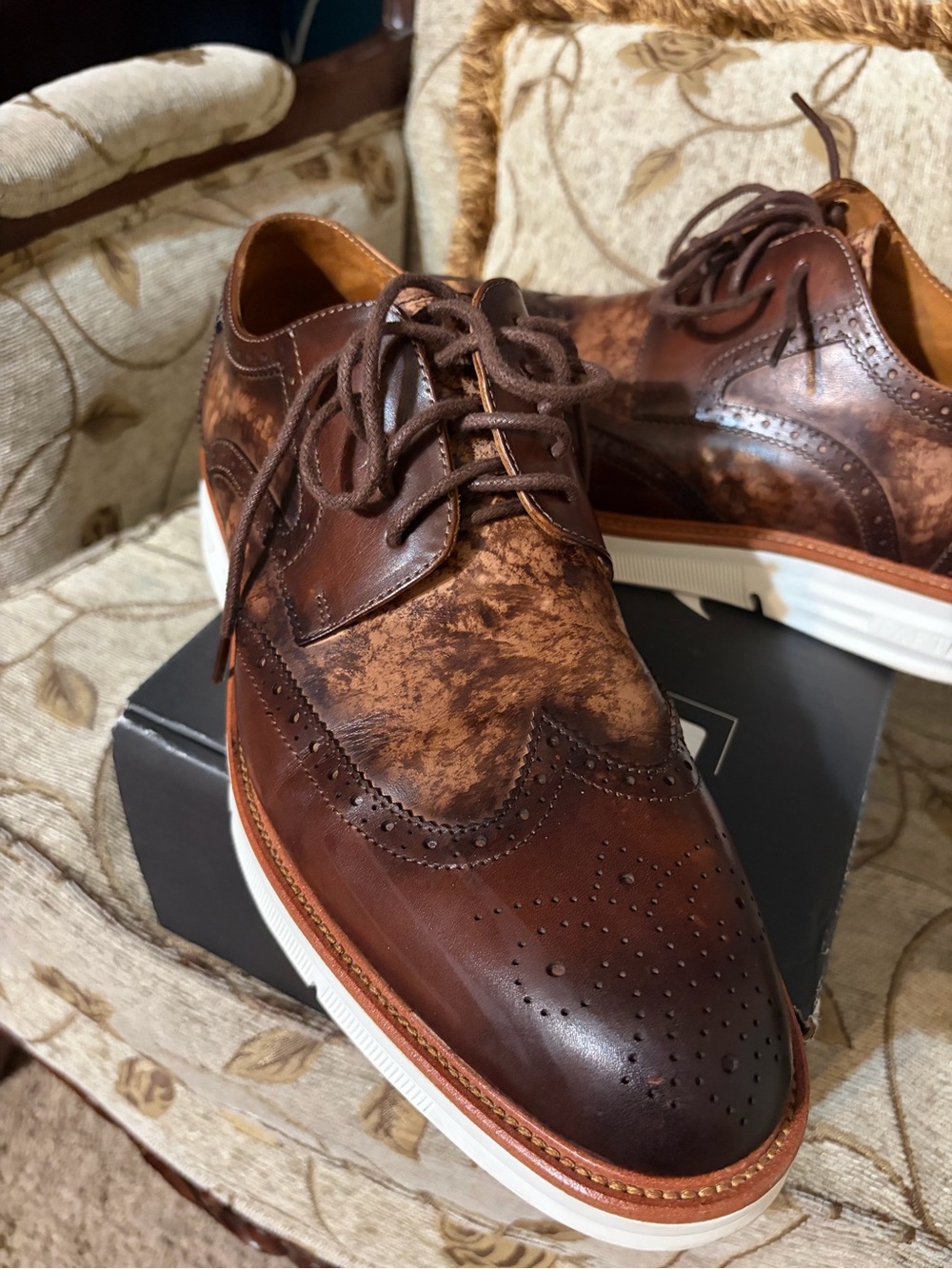 Taft Men's Brown Marbled Wingtip Derbys with White Sole